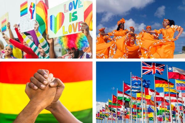 Collage of four photographs showing colorful rainbow Pride posters at a parade, Caribbean dancers dressed in bright orange traditional clothing, two Black hands intertwined in front of the Africa flag, large display of world flags.